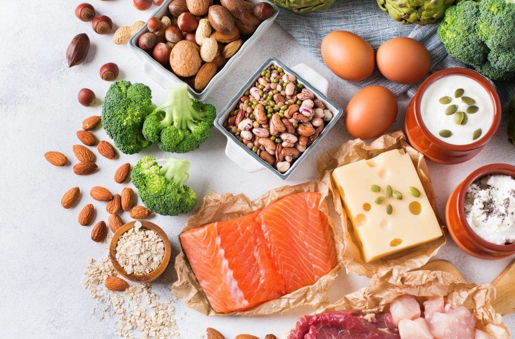 picture of healthy protein including salmon, eggs and cheese